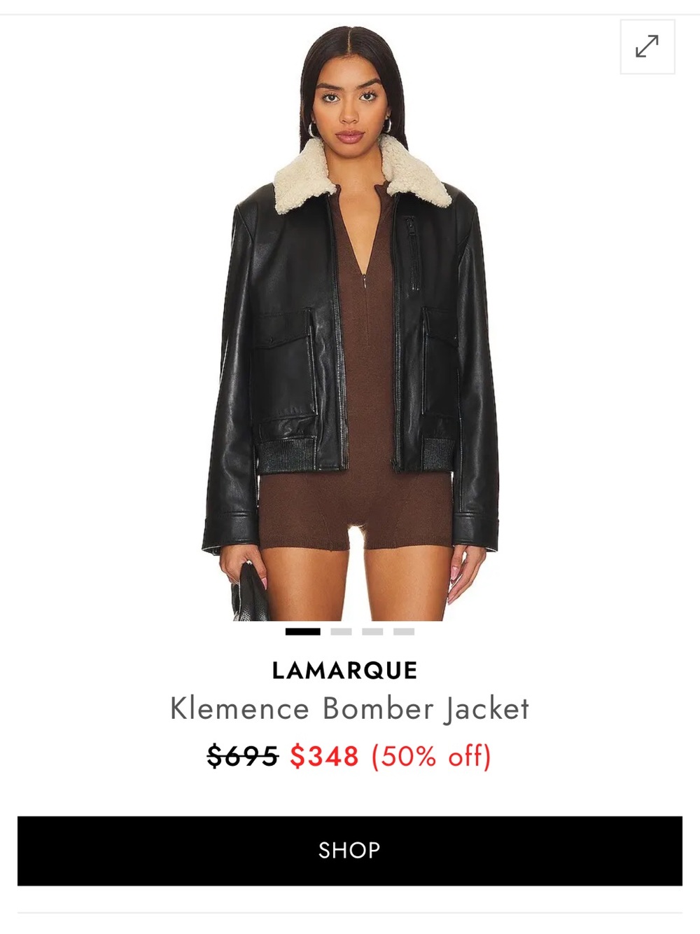 Lamarque Black Leather Jacket with Cream Shearling Collar